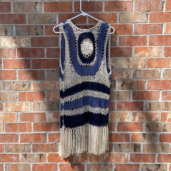FRAZZLE Size Medium Woman's Bohemian Hippie Festival Vest Crochet Macramé Fringe - Picture 2 of 5
